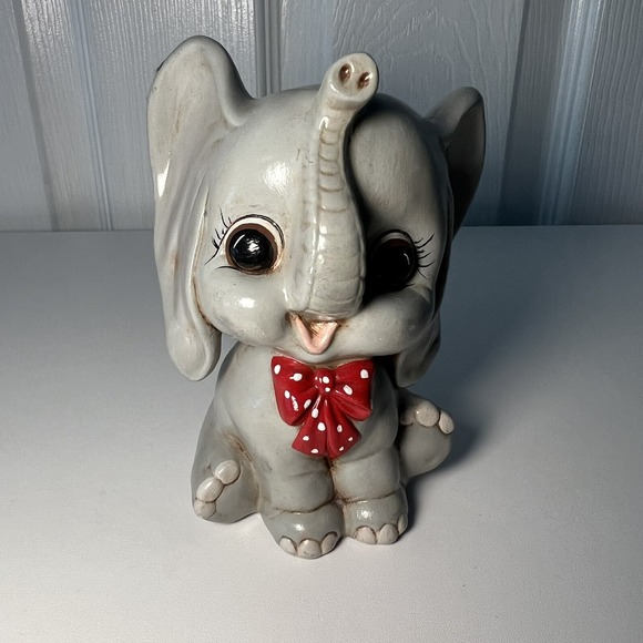 Baby Elephant Piggy Bank Red Polka Dot Bow-Millis-Vintage - Picture 1 of 12